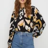 Hot Oasis Abstract Animal Printed Shirred Cuff Top Black