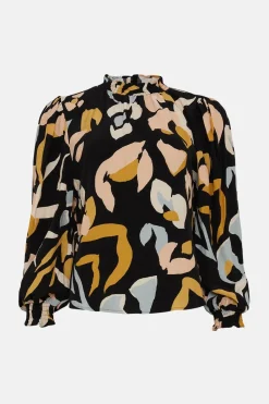 Hot Oasis Abstract Animal Printed Shirred Cuff Top Black