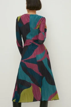 Hot Oasis Abstract Metallic Plisse Midi Dress Multi