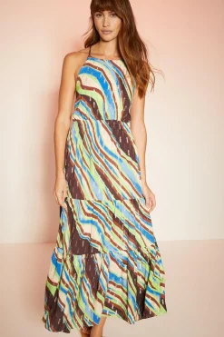 Discount Oasis Abstract Metallic Stripe Halter Tiered Midi Dress Multi