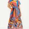 Clearance Oasis Abstract Print Belted Cold Shoulder Midi Dress Pink