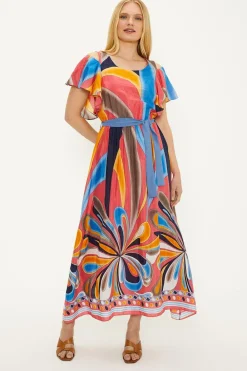 Clearance Oasis Abstract Print Belted Cold Shoulder Midi Dress Pink