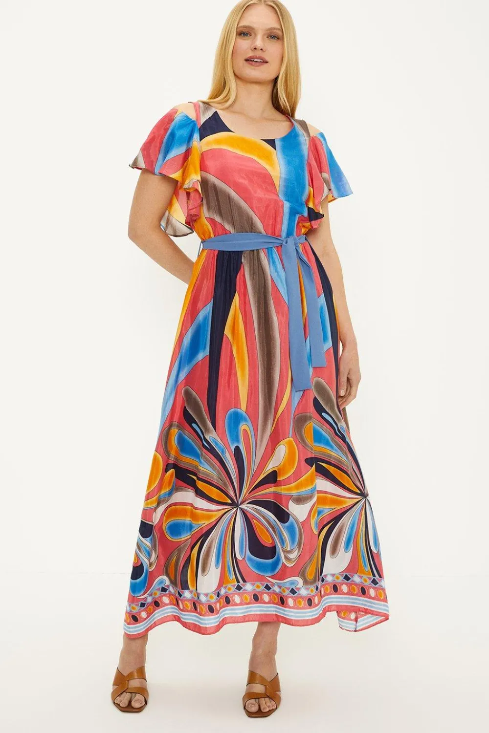 Clearance Oasis Abstract Print Belted Cold Shoulder Midi Dress Pink