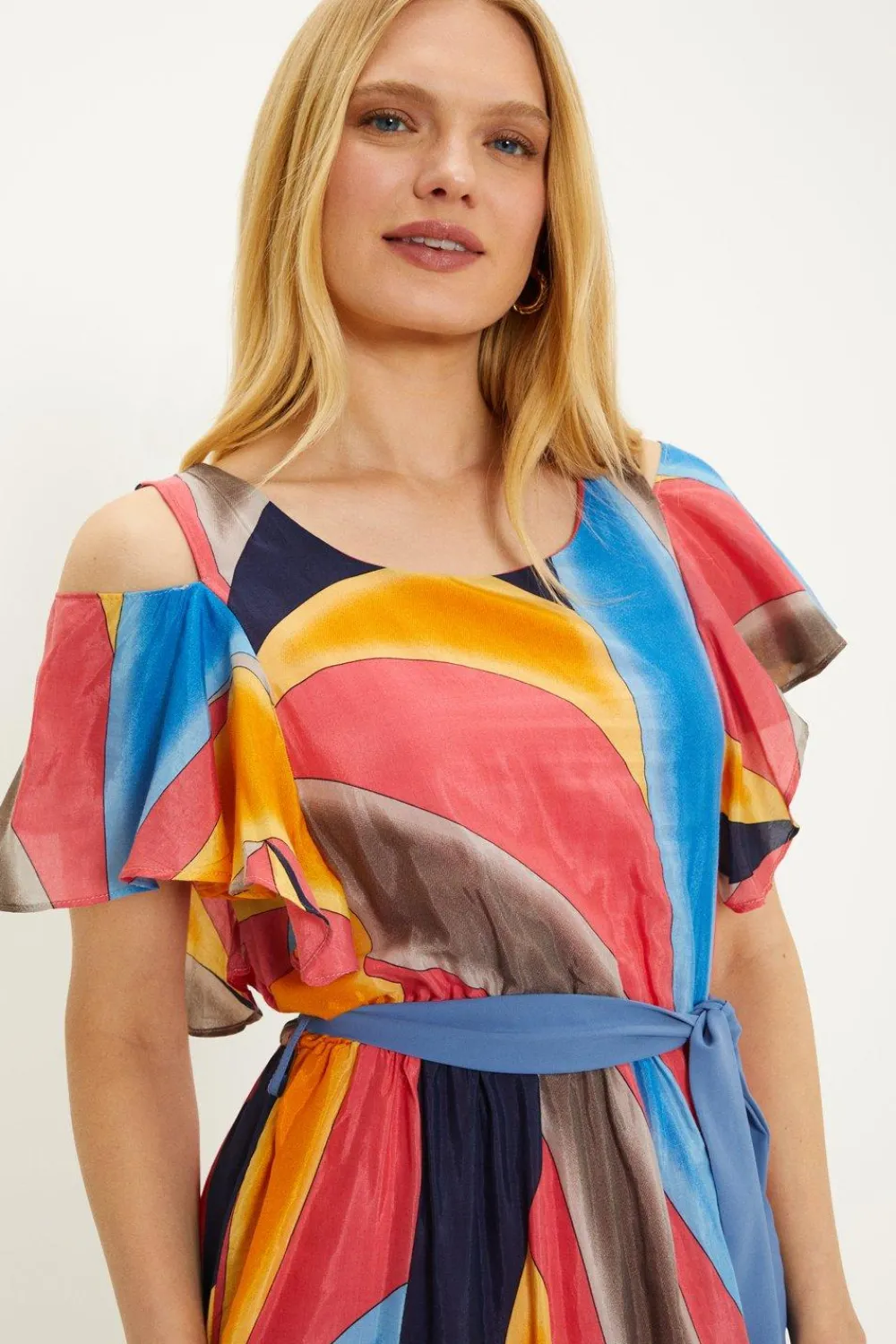 Clearance Oasis Abstract Print Belted Cold Shoulder Midi Dress Pink