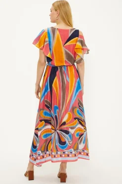 Clearance Oasis Abstract Print Belted Cold Shoulder Midi Dress Pink