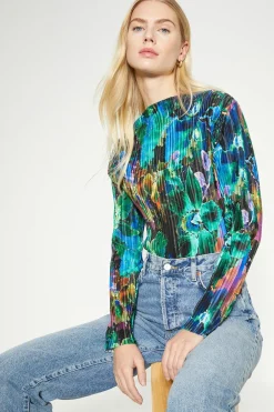 Best Oasis Abstract Print Plisse Funnel Neck Top Multi