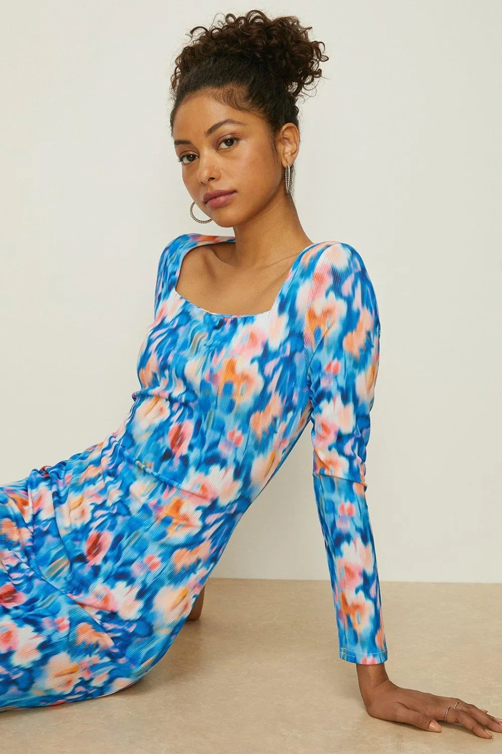 Online Oasis Abstract Rib Square Neck Midi Dress Blue