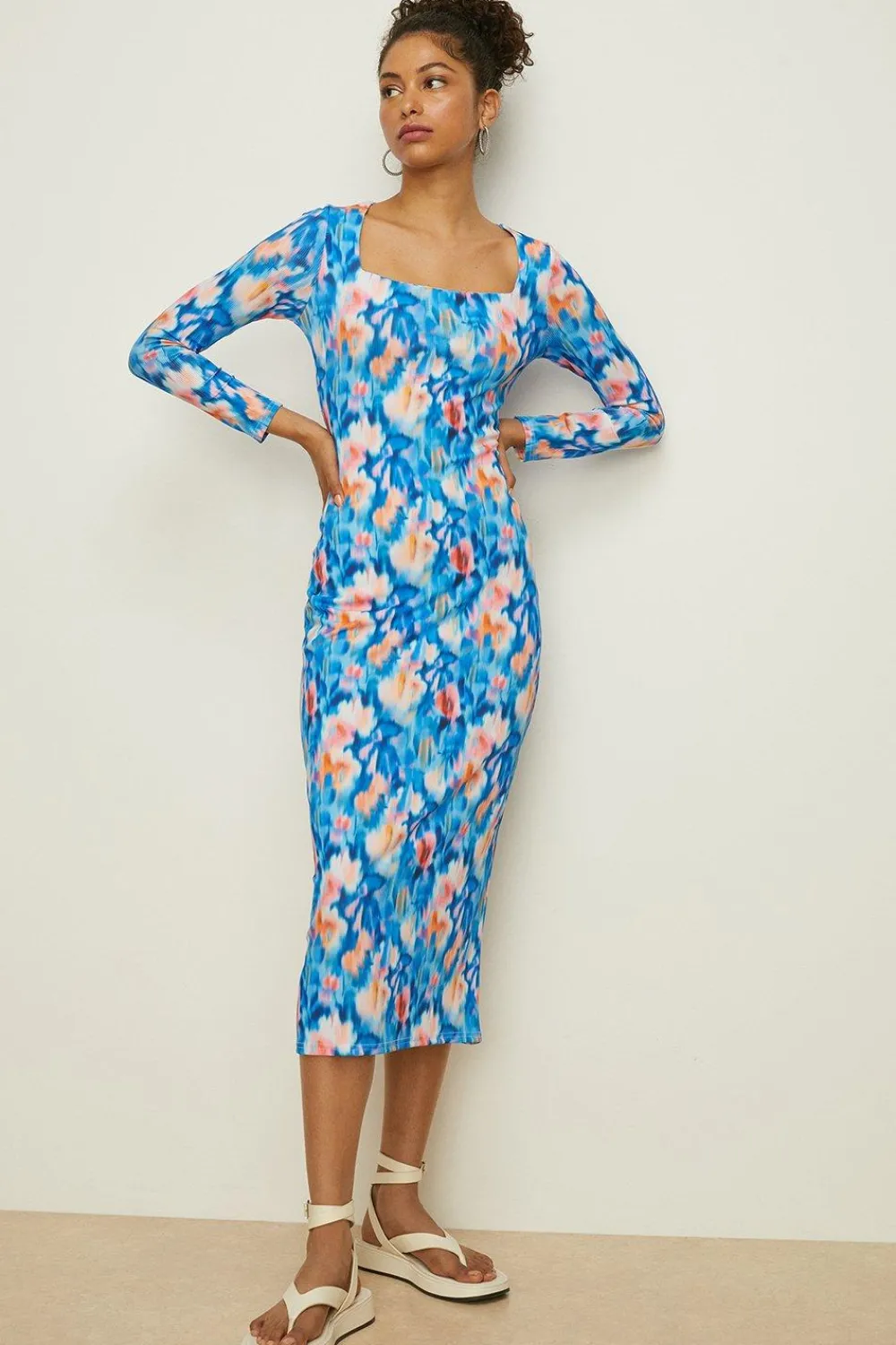 Online Oasis Abstract Rib Square Neck Midi Dress Blue