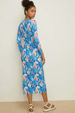 Online Oasis Abstract Rib Square Neck Midi Dress Blue