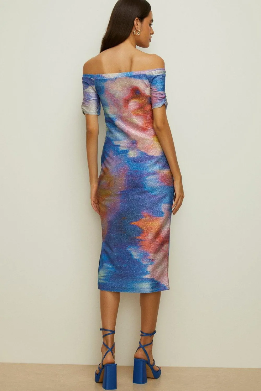 Clearance Oasis Abstract Shimmer Jersey Bardot Midi Dress Blue
