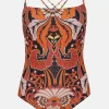 New Oasis All Over Printed Double Strap Swimsuit Red Orange