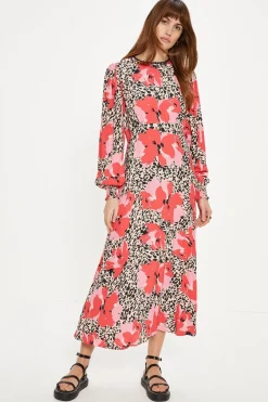 New Oasis Animal Floral Trim Detail Shirred Cuff Midi Dress Multi