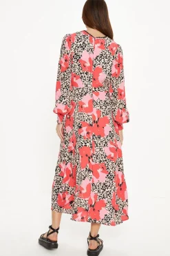 New Oasis Animal Floral Trim Detail Shirred Cuff Midi Dress Multi