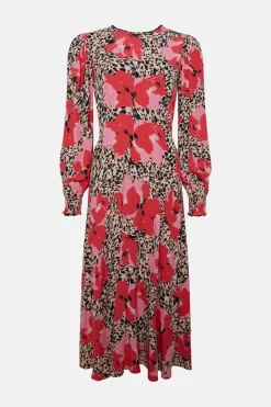 New Oasis Animal Floral Trim Detail Shirred Cuff Midi Dress Multi