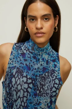 Hot Oasis Animal Funnel Neck Mesh Top Blue