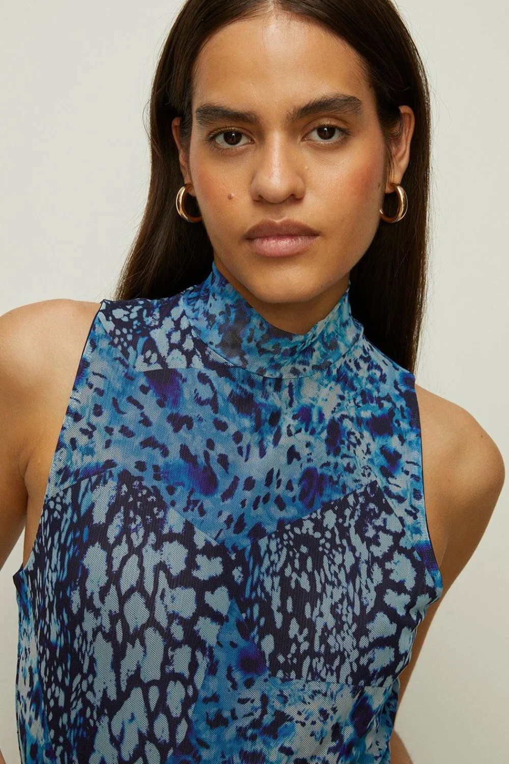 Hot Oasis Animal Funnel Neck Mesh Top Blue