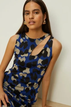 Outlet Oasis Animal Mesh Asymmetric Cut Out Midi Dress Blue