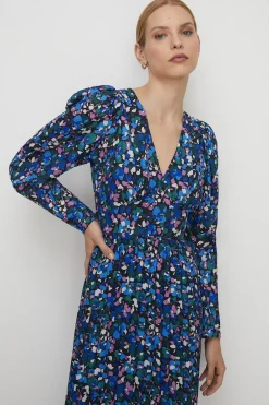 Hot Oasis Animal Pleated V Neck Midi Dress Cobalt