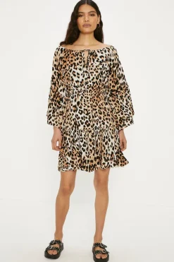 Discount Oasis Animal Print Crinkle Bardot Dress Black