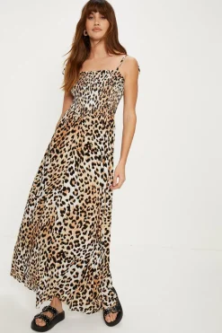 Clearance Oasis Animal Print Crinkle Shirred Maxi Dress Black
