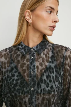 Clearance Oasis Animal Print Shimmer Pleated Shirt Co-Ord Metallic Silver