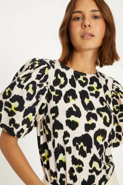 Sale Oasis Animal Printed Woven Mix Puff Sleeve Tshirt Multi