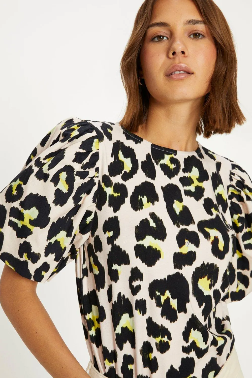 Sale Oasis Animal Printed Woven Mix Puff Sleeve Tshirt Multi