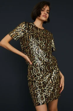 Clearance Oasis Animal Sequin Boxy Short Sleeve T-Shirt Metallic Gold
