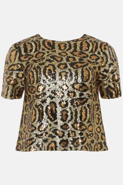 Clearance Oasis Animal Sequin Boxy Short Sleeve T-Shirt Metallic Gold
