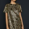 New Oasis Animal Sequin Short Sleeve T-Shirt Mini Dress Metallic Gold