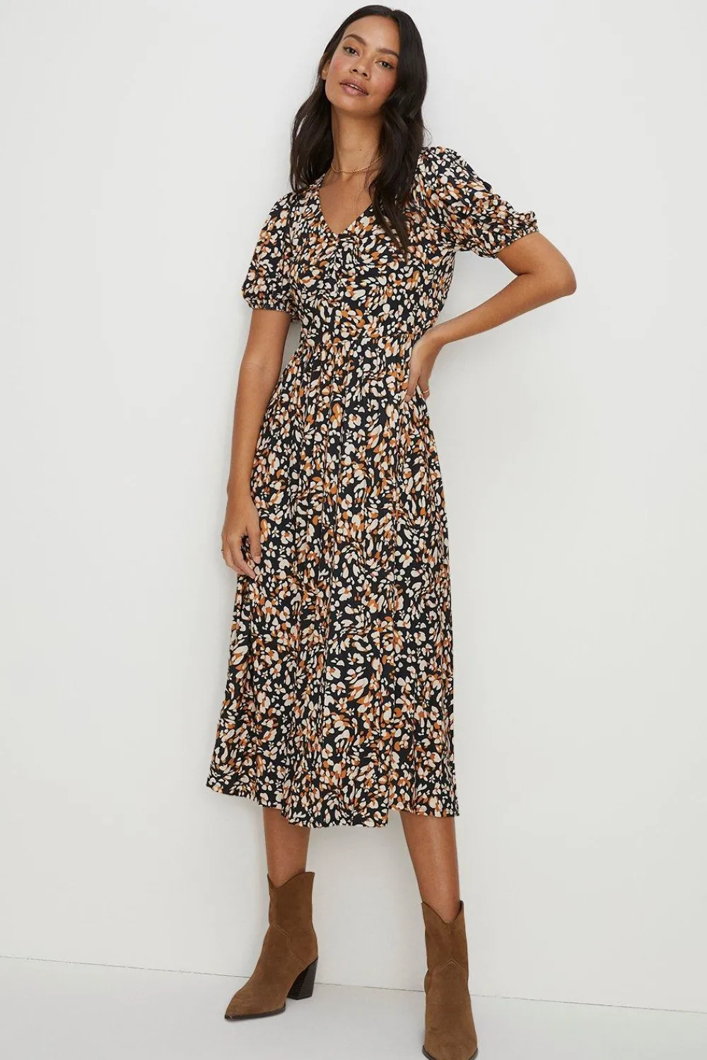 Clearance Oasis Animal Slinky Jersey Pleated V Neck Midi Black