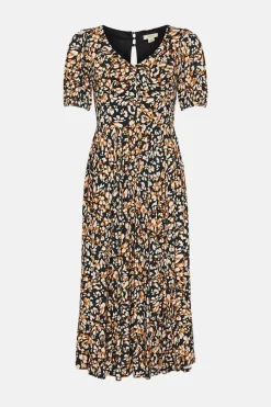 Clearance Oasis Animal Slinky Jersey Pleated V Neck Midi Black