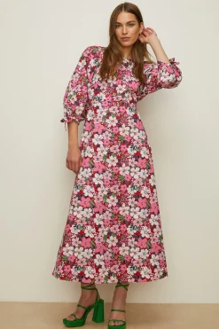 Sale Oasis Artbox Floral Tie Cuff Printed Midi Dress Pink