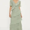 Best Oasis Asymmetric Ruffle Tiered Angel Sleeve Midi Dress Sage