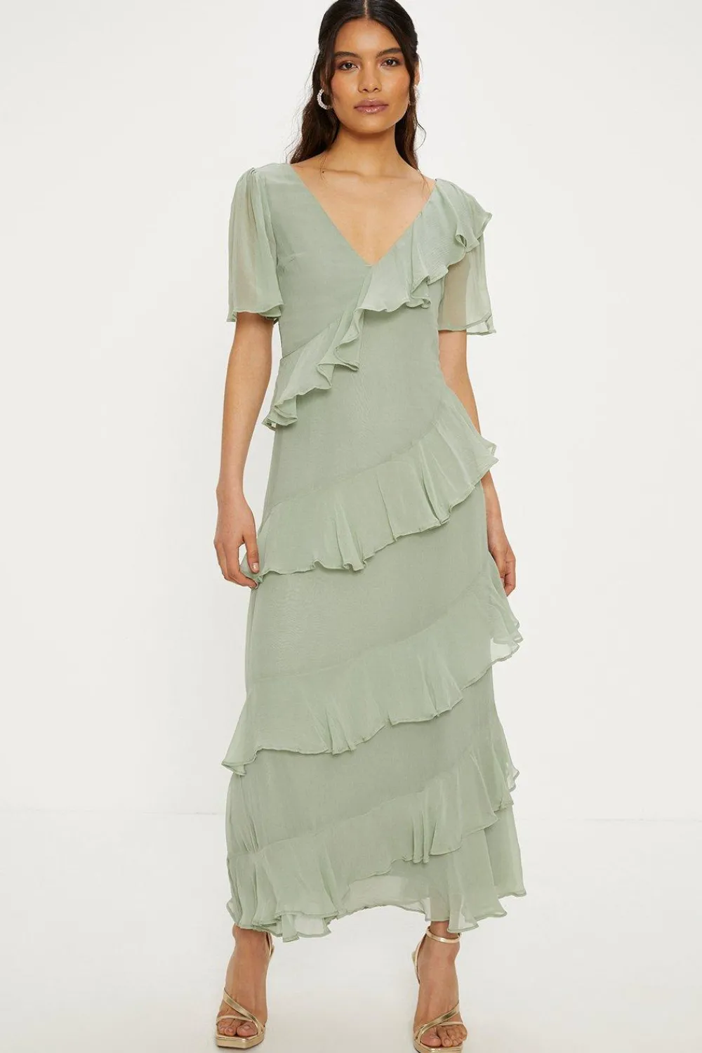 Best Oasis Asymmetric Ruffle Tiered Angel Sleeve Midi Dress Sage