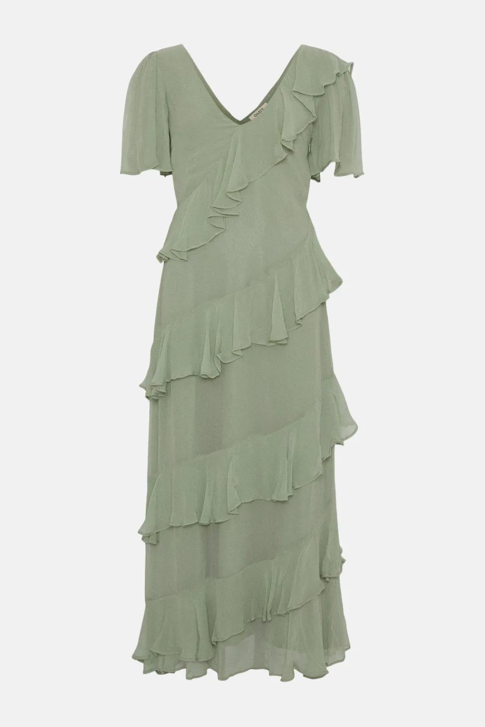 Best Oasis Asymmetric Ruffle Tiered Angel Sleeve Midi Dress Sage