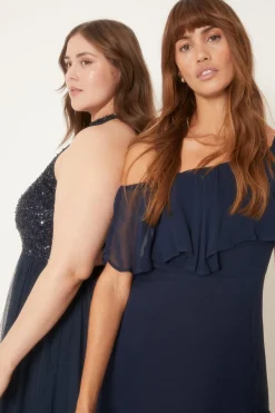 Hot Oasis Asymmetric Strap Ruffle Midi Dress Navy