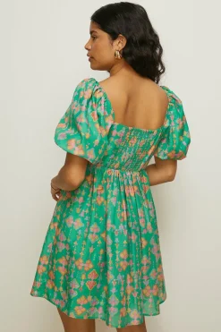 Online Oasis Aztec Printed Square Neck Mini Dress Green