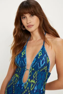Online Oasis Aztec Shiny Keyhole Strappy Swimsuit Navy
