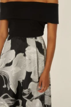New Oasis Bardot 2 In 1 Floral Jacquard Midi Dress Black