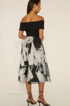 New Oasis Bardot 2 In 1 Floral Jacquard Midi Dress Black