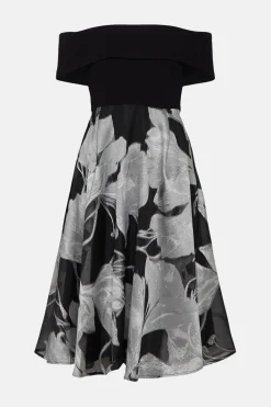 New Oasis Bardot 2 In 1 Floral Jacquard Midi Dress Black