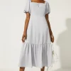 Online Oasis Bardot Ruched Front Midi Dress Pale Blue