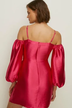 Best Oasis Bardot Satin Twill Mini Aline Dress Bright Pink