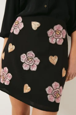 New Oasis Beaded Floral Heart Aline Skirt Black