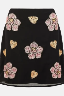 New Oasis Beaded Floral Heart Aline Skirt Black