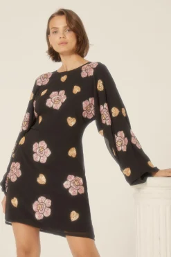 Best Oasis Beaded Floral Heart Flared Sleeve Aline Dress Black