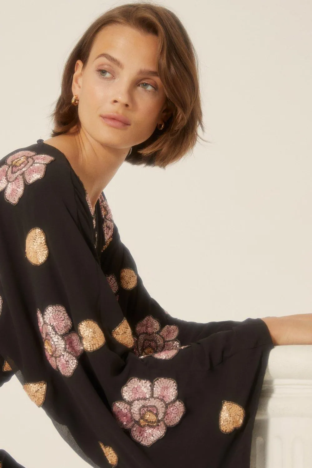 Best Oasis Beaded Floral Heart Flared Sleeve Aline Dress Black