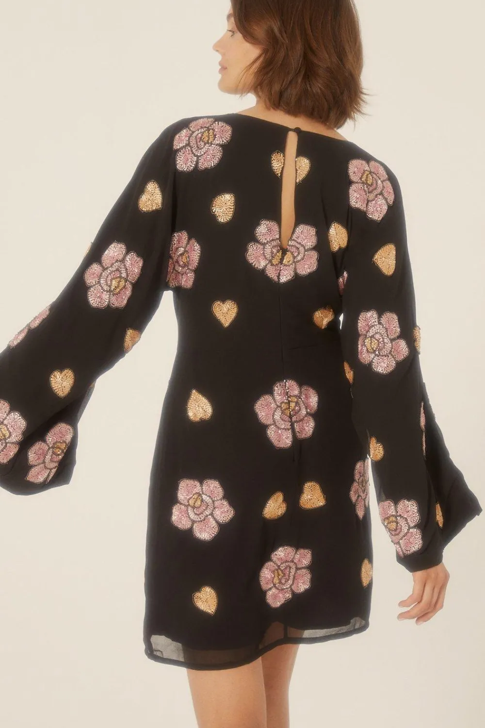 Best Oasis Beaded Floral Heart Flared Sleeve Aline Dress Black