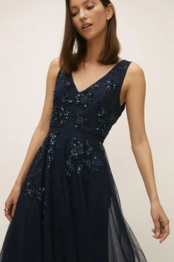 Clearance Oasis Beaded Flower V Plunge Tulle Maxi Dress Navy